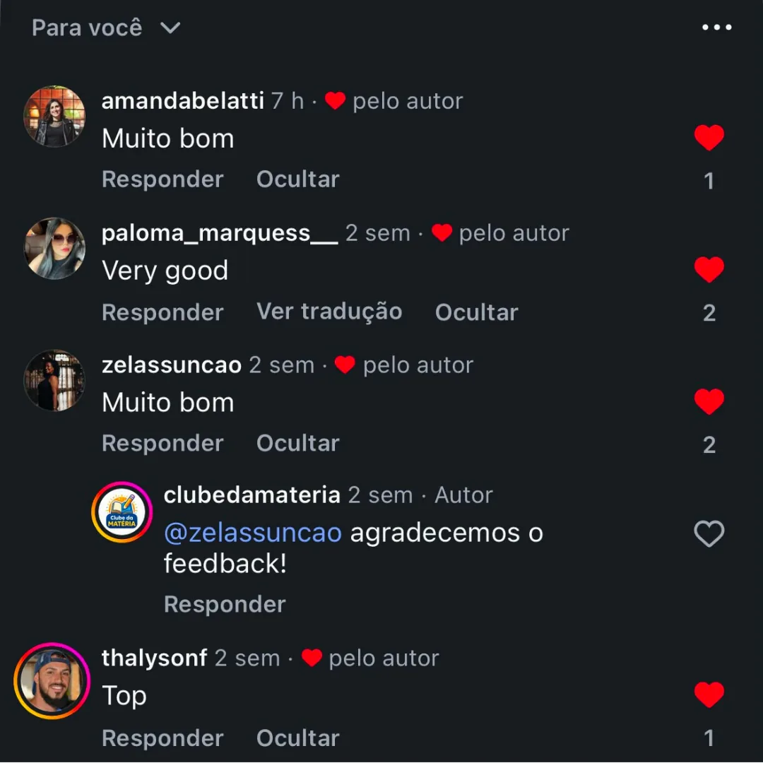 Comentários no Instagram elogiando o material: muito bom e top