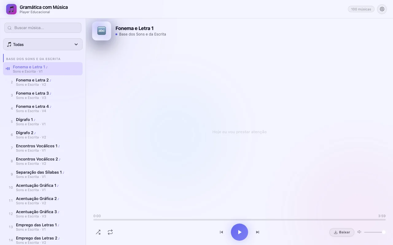 Player do Gramática com Música no computador, com lista de músicas por tema