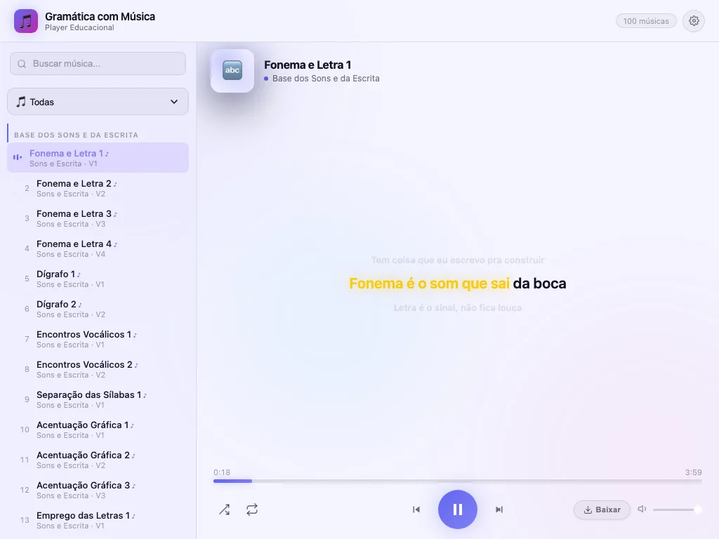Letra da música na tela do player do Gramática com Música