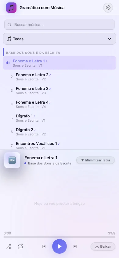 Lista de músicas por tema no player mobile