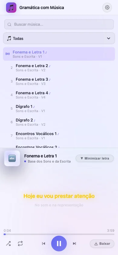 Letra da música na tela para acompanhar
