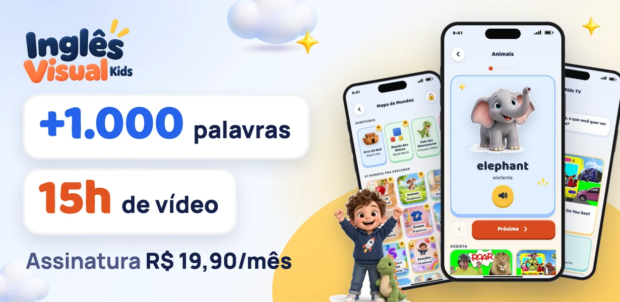 Inglês Visual Kids: app de inglês para crianças, +1.000 palavras e 15h de vídeo, assinatura R$ 19,90 por mês